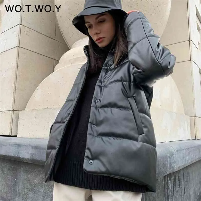 Wotwoy Bomull Liner Vinter Läderjacka Kvinnor Casual Tjockning Vadderad Parkas Lösa Varma Black Coats Female Windbreaker 210910