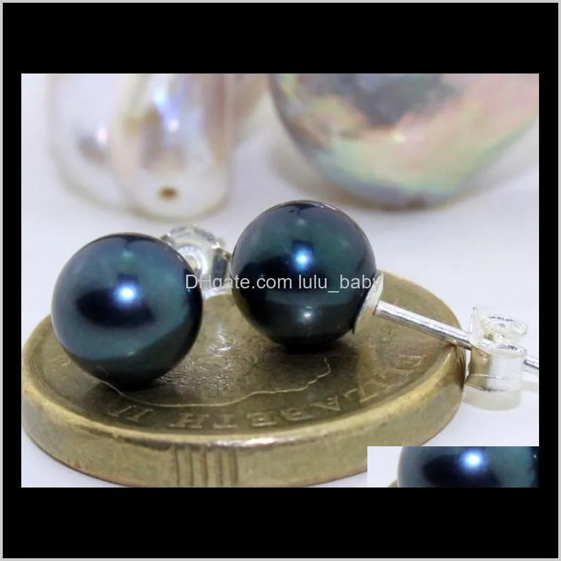 a pair of round 9-10mm tahitian black green pearl earring 925 silver accessories