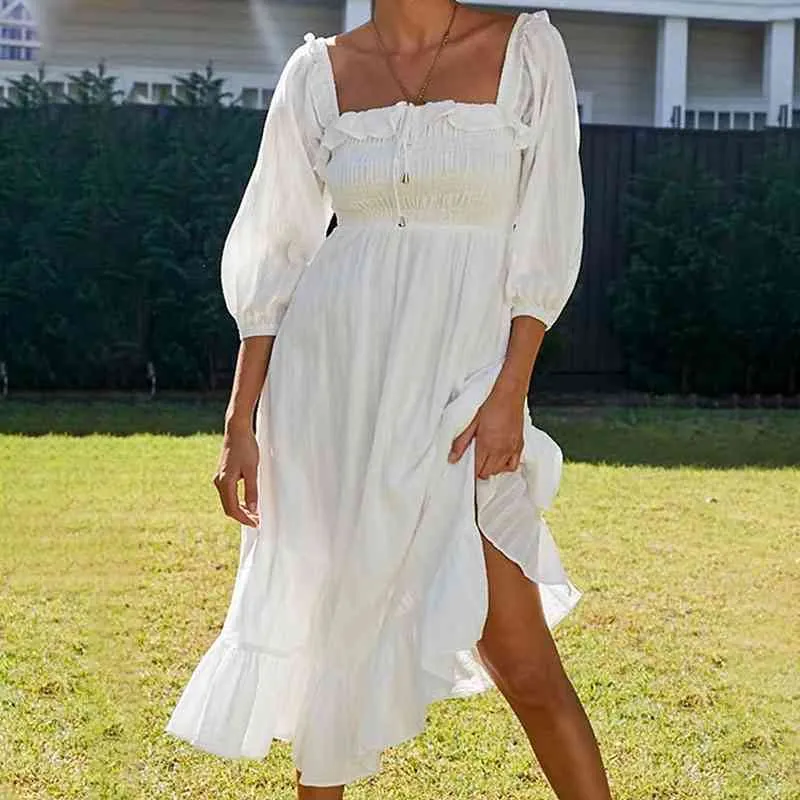 春のフリルスウィートプリーツフレンチドレス女性ロマンチックな白い背中の広場カラーカジュアルエレガントなロングレディースドレス210712