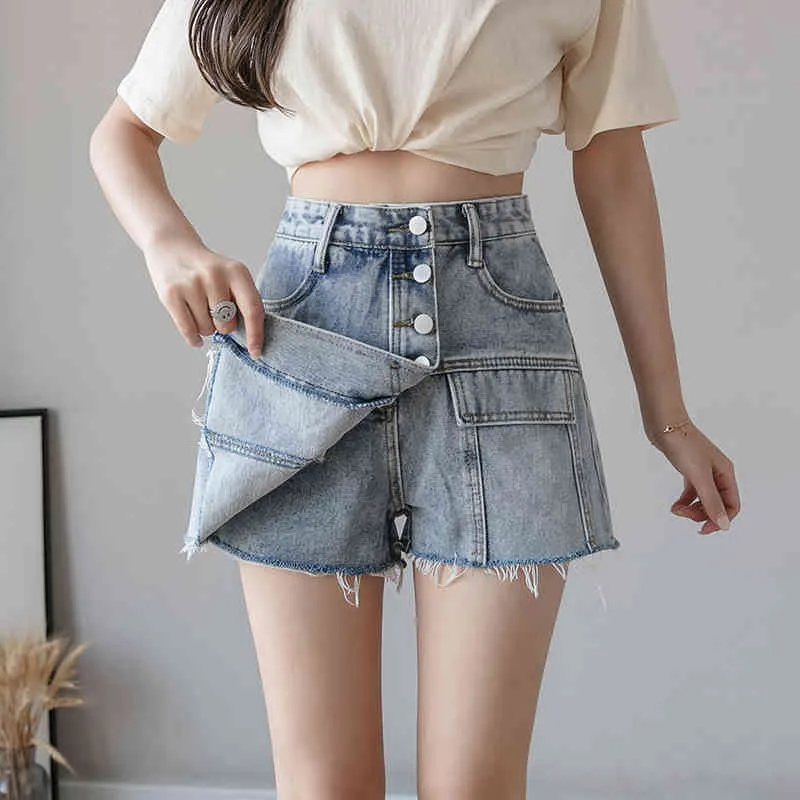 Denim Shorts Women's Faldas Mujer Moda Summer Casual High Waist Loose A- line Pants Wide Leg Divided Jeans Skirt 981B 210420