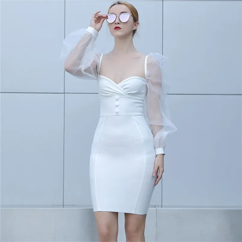 Women Bandage Dress Autumn White Black Mesh Bodycon Party Club Celebrity Elegant V Neck Summer es Vestidos 210515