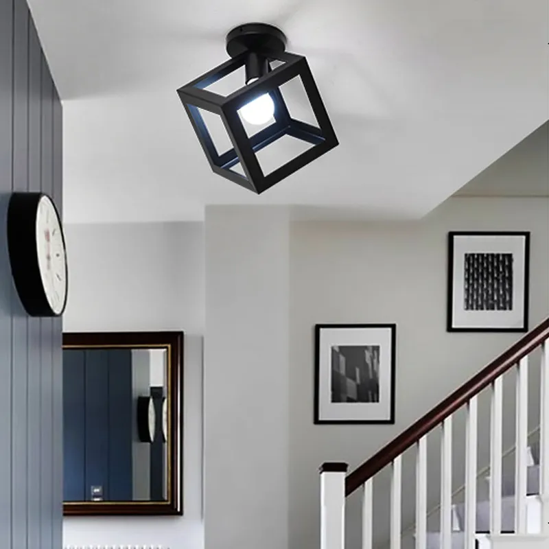 Metalowa klatka żelaza Sufitowa Światła Przemysłowy Cube Loft Sufit Trójkąt Lampa Korytarz Foyer Home Decor Lights