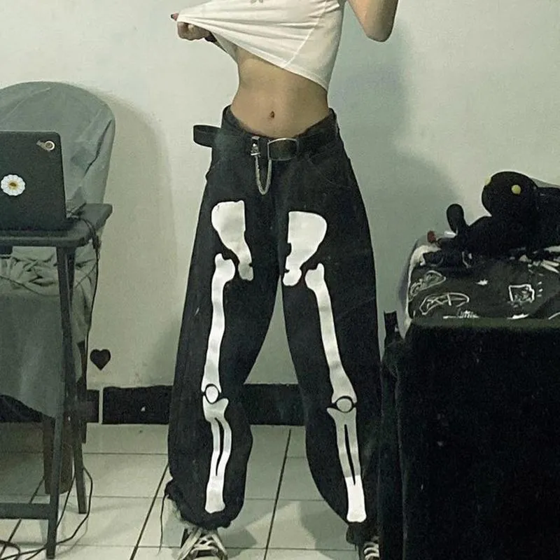 Feminino Jeans Dewadbow Cyber Y2k Calças Goth Outdoa 2021 Padrão Esqueleto  Baixo Ascensão Folgágio Femme Streetwear Mulheres Negra Denim Jean Calças  De $154,96