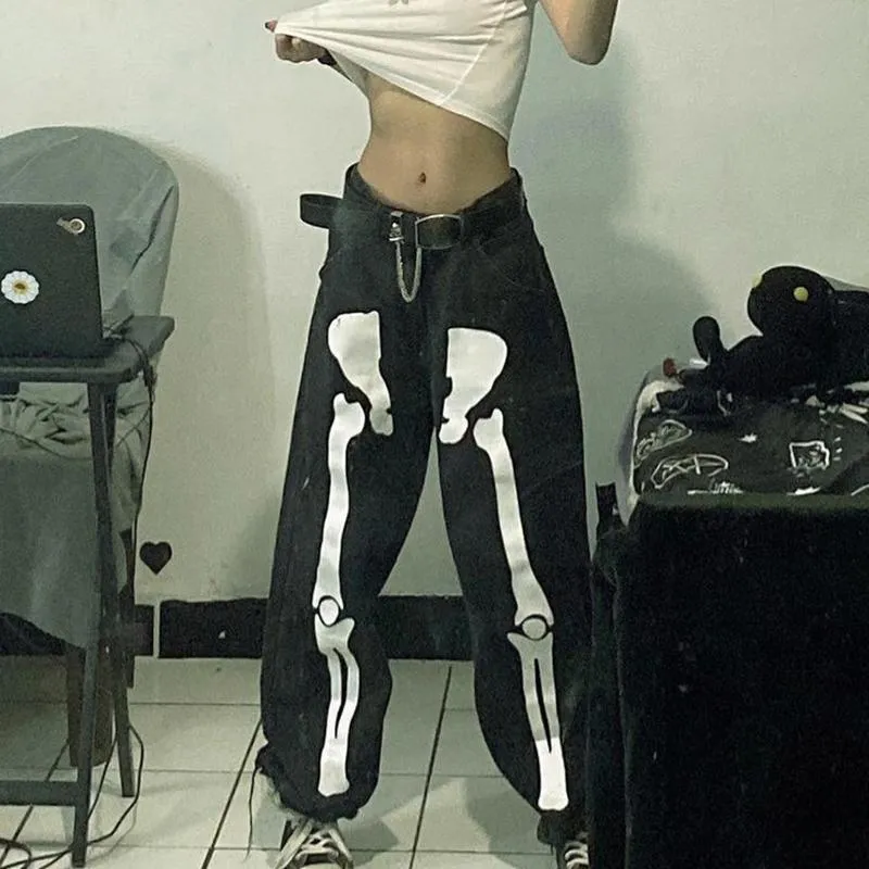 Feminino Jeans Dewadbow Cyber Y2k Calças Goth Outdoa 2021 Padrão Esqueleto  Baixo Ascensão Folgágio Femme Streetwear Mulheres Negra Denim Jean Calças  De $155,3