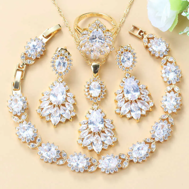 Perfect Women Bridal Big Jewelry Gold Colors Austrian Crystal Long Stud Earrings Bracelet And Ring 6-Colors Four-Piece Suit H1022