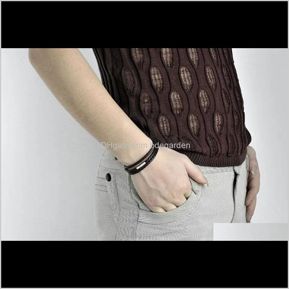 mens leather bangle bracelets black/brown mesh magnetic stainless steel clasp double wrap wristband beautiful titanium bracelet for