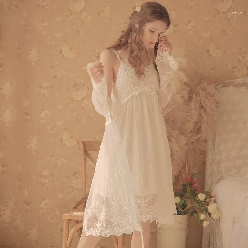المرأة نوم الجنية صالة مجموعة أبيض مثير الدانتيل ليلة اللباس peignoir الأميرة نوم ثوب و رداء مجموعات للنساء