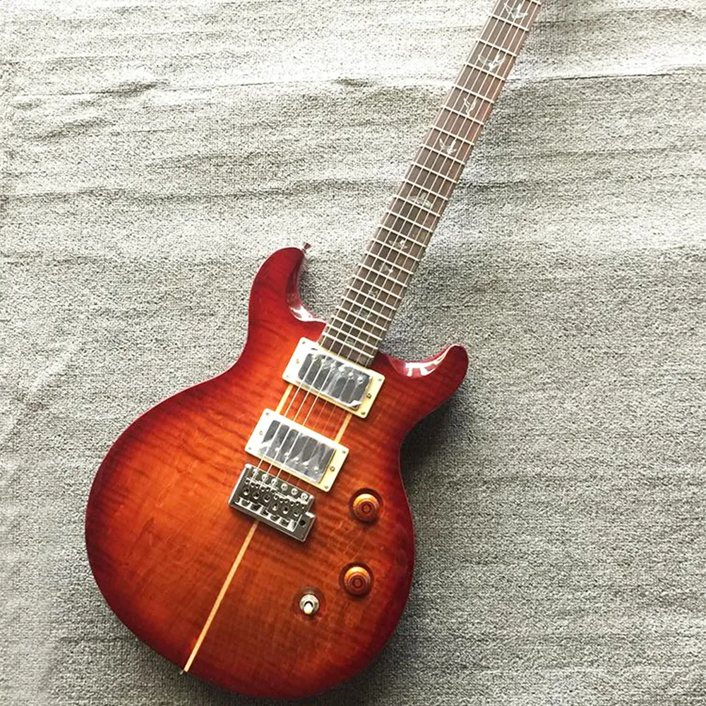 ¡Alta calidad! Guitarra eléctrica marrón roja 6 cuerdas con chapa de arce de llama, fretboard de palisandro, personalizable
