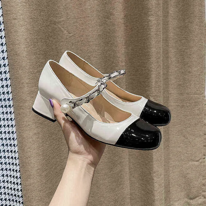 好評 ブランドmiu高級女性メアーンジェーンシングルドレスシューズレディースファッションチャンキーヒール厚いヒールパテレザーポンプ Newカラー登場 靴 付属品 ドレスシューズ Viskasprekybai Lt