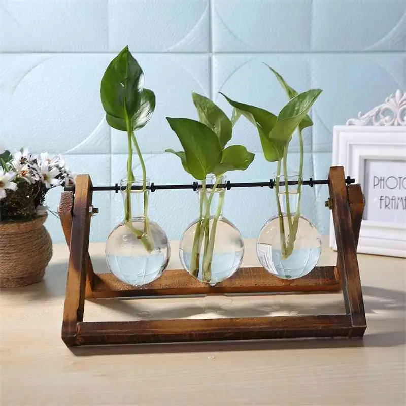 Glass and Wood Vase Planter Terrarium Table Desktop Hydroponics Plant Bonsai Hanging Pots Flower Pot with Wooden Tray Home Decor 210409