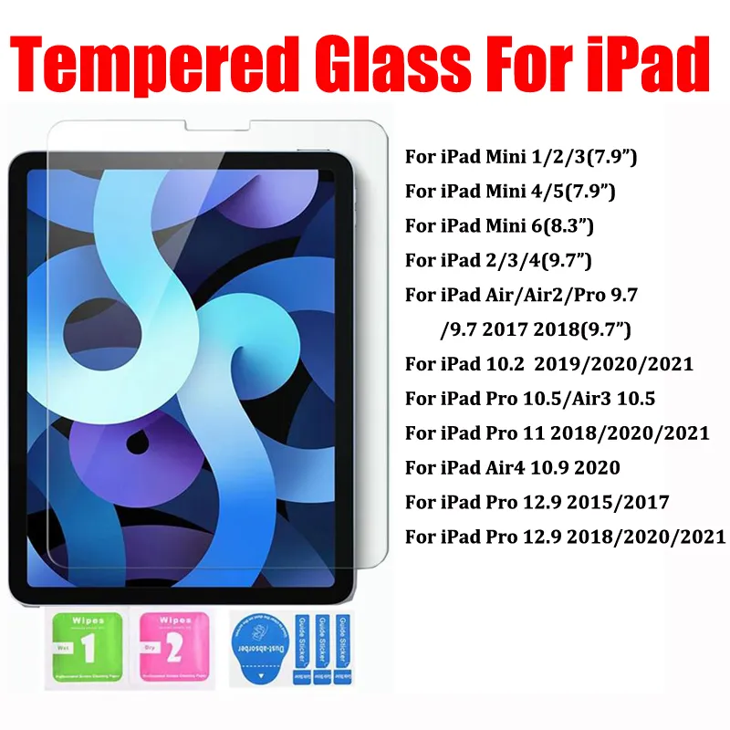 Película protectora de cristal de cristal templado de 0.4mm 9H 9H para iPad Pro 12.9 Air 4 Air4 10.9 11 2021 7 8 9 10.2 10.5 9.7 Mini 2 5 6 Mini6 con bolsa OPP Sin paquete