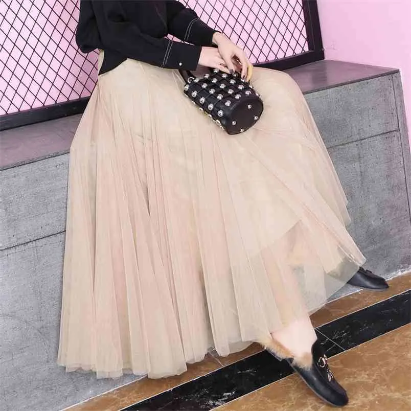 Весенние летние корейский стиль женщины качели длинные юбки плиссированные кружева сетка сладкое любимое леди высокое талию бальное платье юбки D183 210512