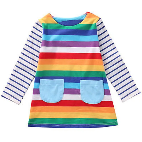 Vår Höst Söt Baby Kids Flickor Stripe Kläder Långärmad Rainbow Dress Party Princess Dress Q0716