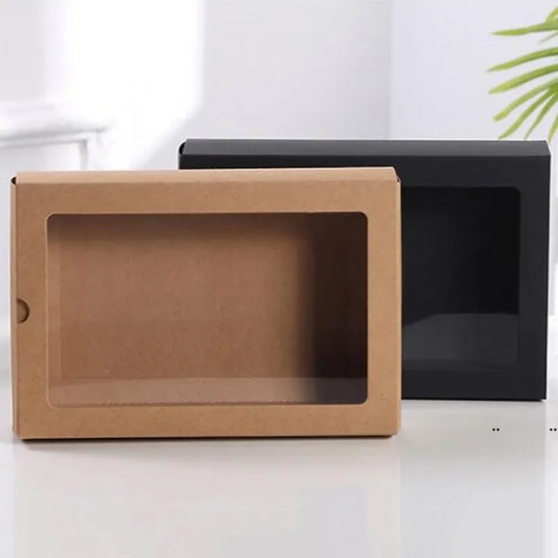 Kraft Paper Packing Box With Transparent Window Black Delicate Drawer Display Gift Box Wedding Cookie Candy Cake Boxes RRD11443