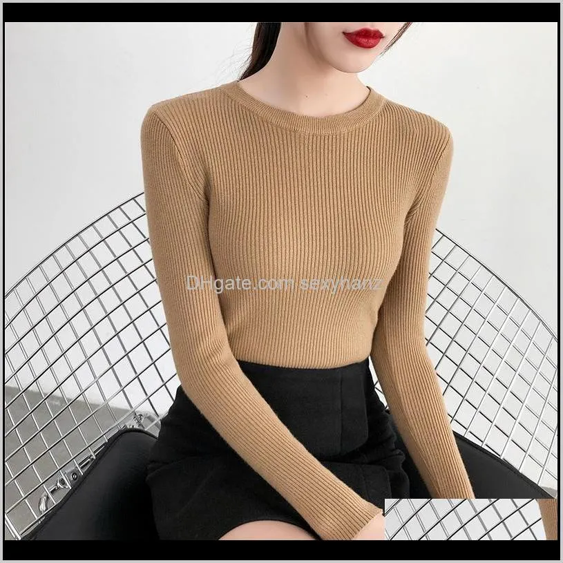 2020 autumn winter women`s pullovers sweater knitted elasticity jumper slim crew neck warm female white black sweaters