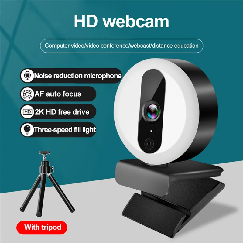 Autofokus Webcam 2K HD Web Camera PC Bärbar dator med mikrofonring Web Cam Light Conference Video