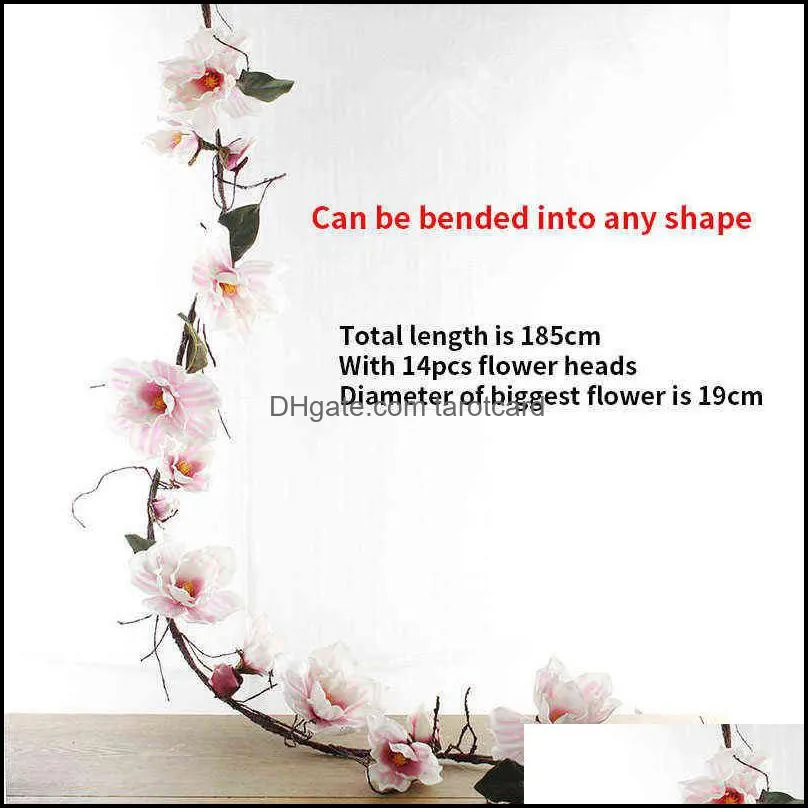 185cm Artificial Magnolia Flower Rattan Silk Fake Flower Vine Azalea Arbitrary Bending Branches Wedding Home Decor 220110