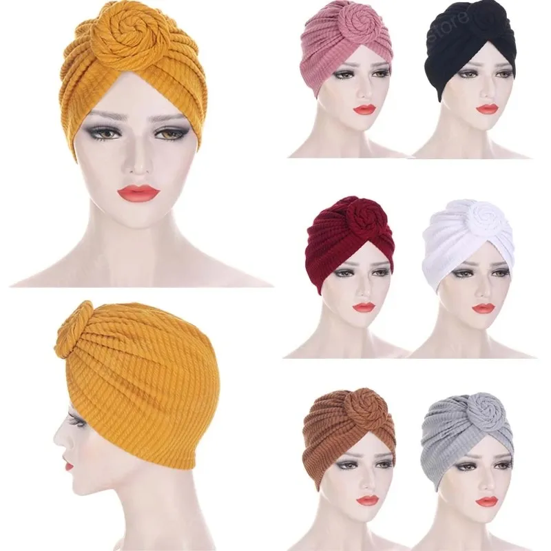 Kobiety Muzułmańskie Stretch Hidżab Turban Twist Knot CHEMO Cap Hair Loss Cover Head Scarf Headwrap Bonnet Islamski Kapelusz Rakowy Solid