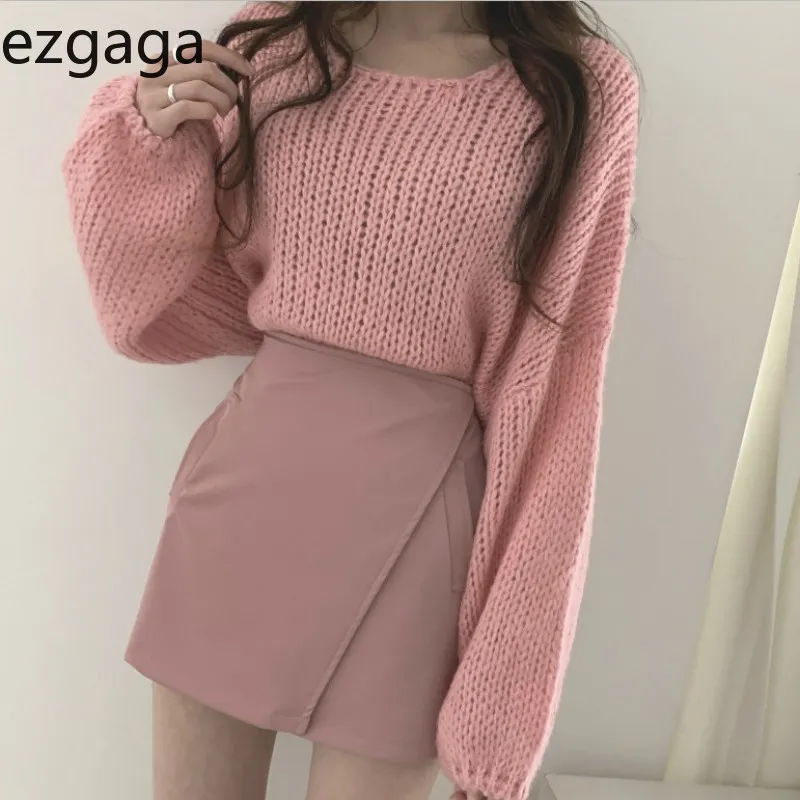 Ezgaga Sweet Vintage Truskawki Różowy sweter Kobiety Swetover Oversized Znosić Długie Długie Rękaw Puff Sleeve Knit Tops Elegancki Ciepły Jumper 210430