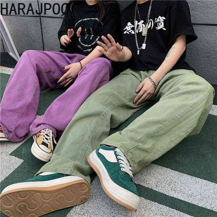 Harajpoo Coppia Pant Primavera Autunno Coreano INS Trendy Hip-Hop High Street Allentato Dritto Diffuso Casual Tinta unita Jeans 211129