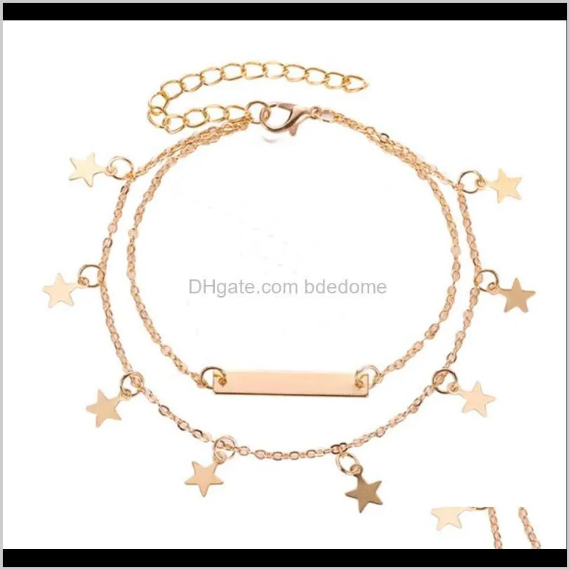 two layer anklet square bar charm and stars pendant gold silver plated metal chain extend chain lobster clasp