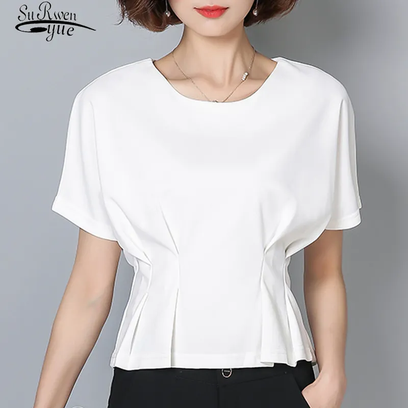 Sommar casual smal midja blus kvinnor solid kortärmad kontor dam kläder vit svart skjorta blusas 9072 50 210521