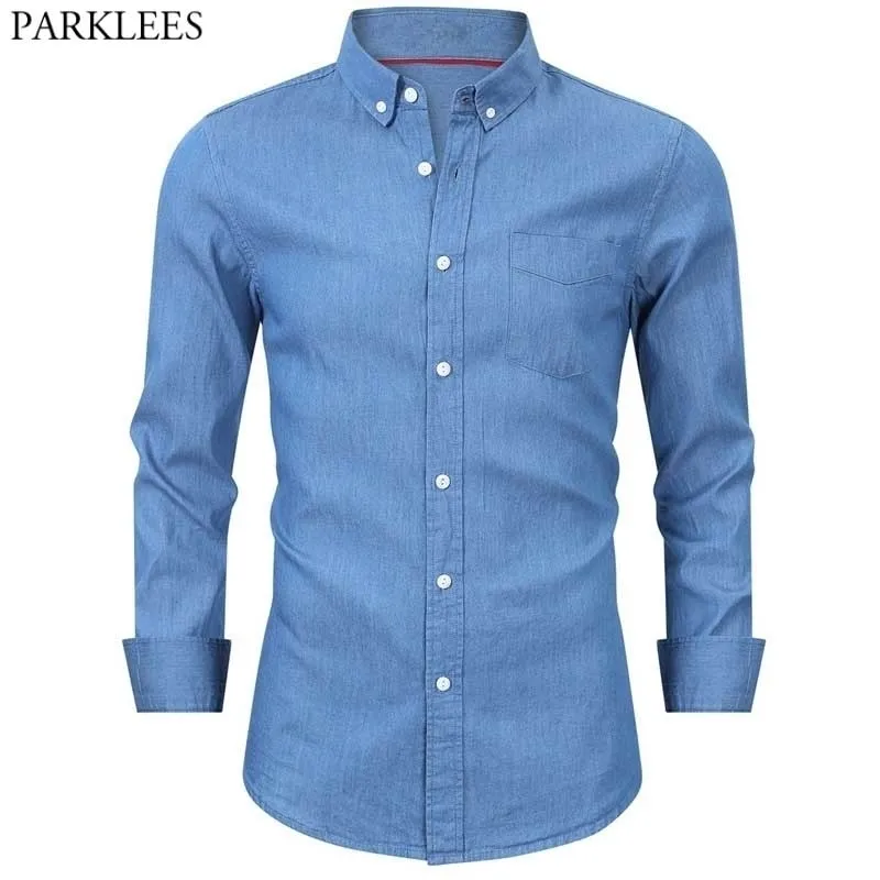 Erkek Mavi Denim Kot Gömlek Marka Uzun Kollu Slim Fit Pamuk Kot Erkekler Chemise 100% Yıkanmış Pamuk Kovboy Giyim 210522