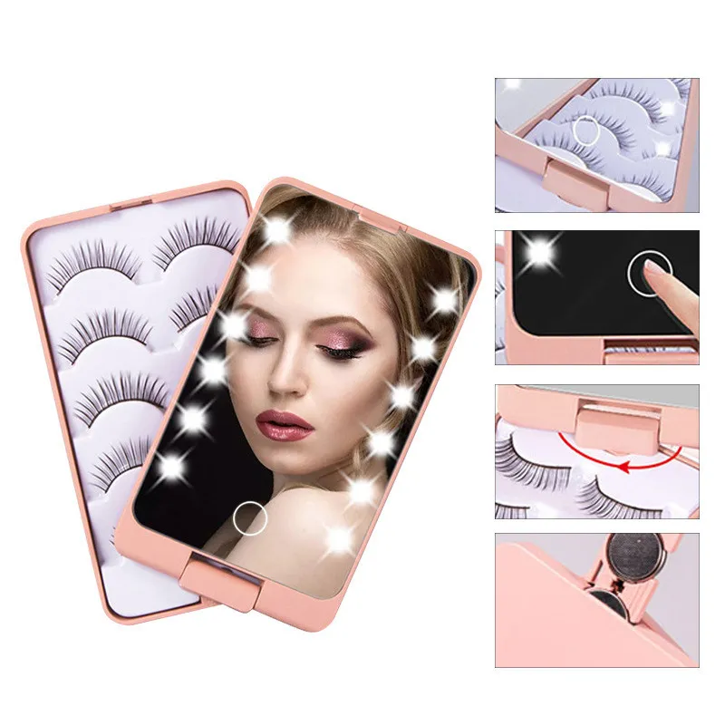 Bärbara LED Eyelash Förvaringslådor med spegel Falsk Eyelash Holder Case Organizer Box Makeup Tool