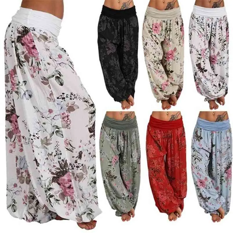 Mulheres Bohemian Floral Impressão Long Calças Mid Cintura Vintage Harem Calças Elásticas Cintura Boho Beach Calças Plus Tamanho 5XL 210721