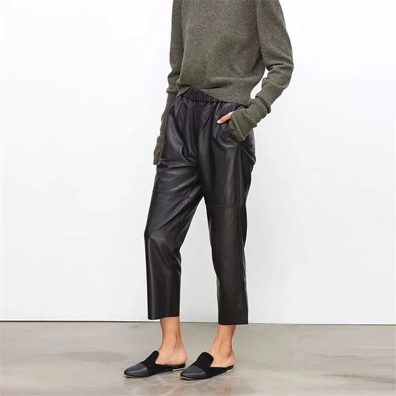 Women Pants Real Leather Tousers High Waist Harem Plus Size Elastic Streetwear 211118