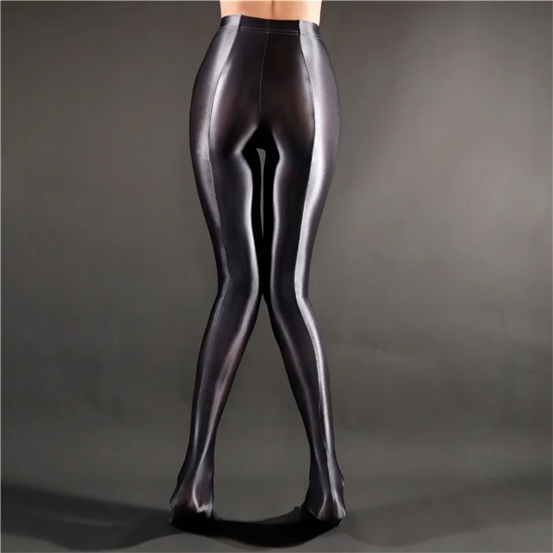 Sexy femmes rayure huile Gloosy crayon pantalon brillant complet lisse voir à travers Leggings couleur bonbon vêtements de danse F20 211115