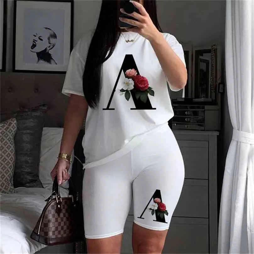 Two Piec Set Flower Letter Women Print T Shirts And Shorts SummerCasual Joggers Biker Sexy Outfit For Girl,Drop Ship 210720