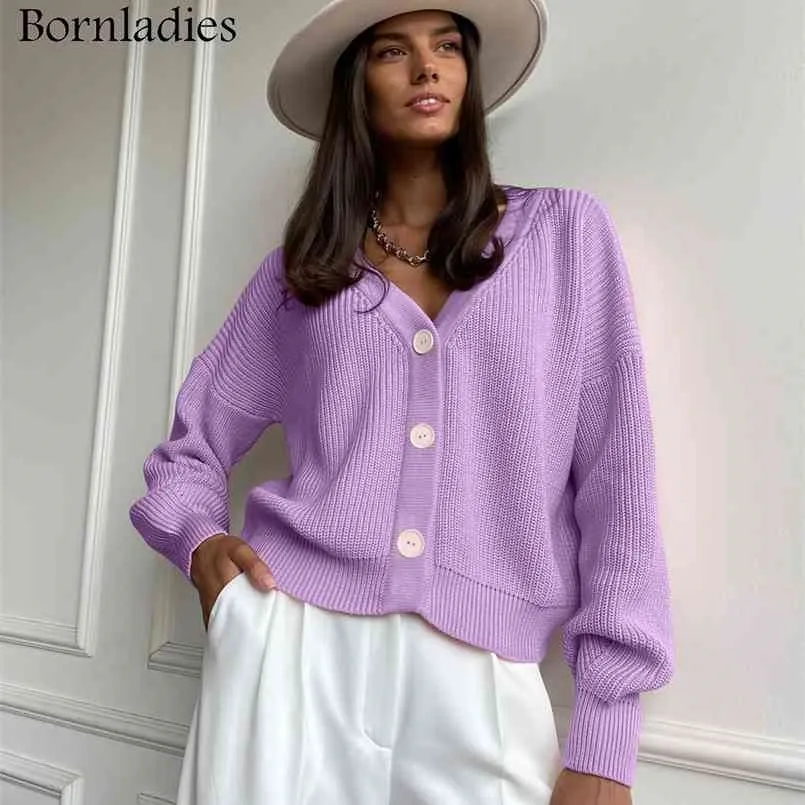 Bornladies Casual V-neck Knitted Loose Cardigan Women Buttons Lantern Sleeve Sweaters Female Basic White Autumn Winter Tops 210917