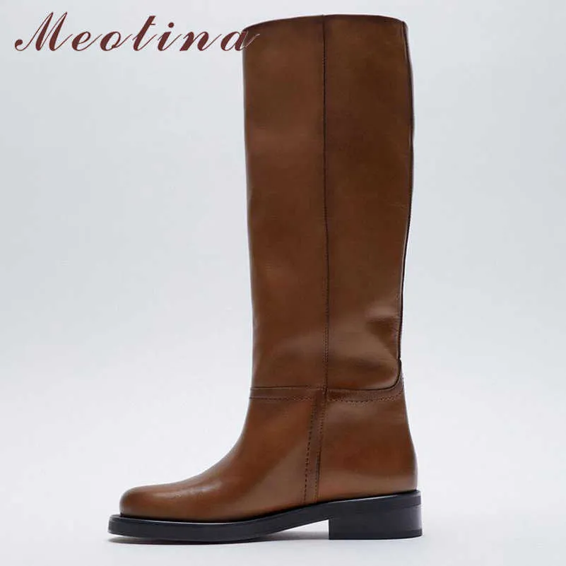 Meotina INS Women Genuine Leather Riding Boots Med Heel Round Toe Shoes Thick Heel Knee High Boots Lady Autumn Winter 42 Brown 210911