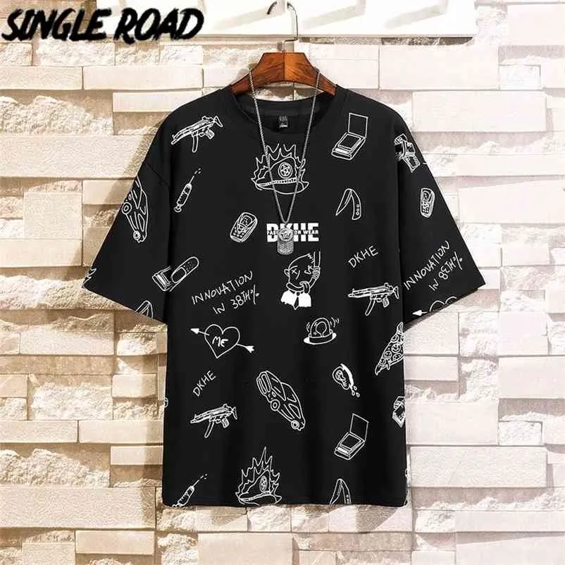 Single Road Men T-shirt surdimensionné Anime Full Print Coton Hip Hop Tshirt Mâle Japonais Streetwear Harajuku T-shirt pour hommes 210715