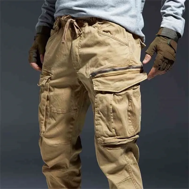 Icpans enkellengte vrachtbroek mannen joggers elastische taille rits vele zakken zwarte leger militaire broek streetwear mode 210714