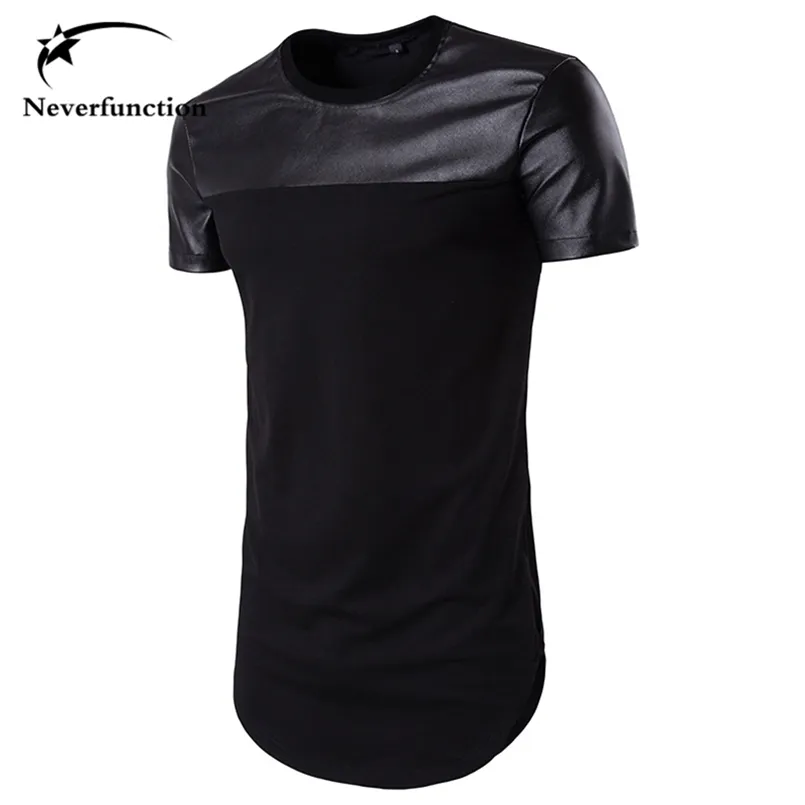 Summer Men Curved Hem Casual T-shirt PU Skórzane ściegi Street Swag Hip Hop Cotton Extended Tee Krótkie Rękawy Tshirt 210716