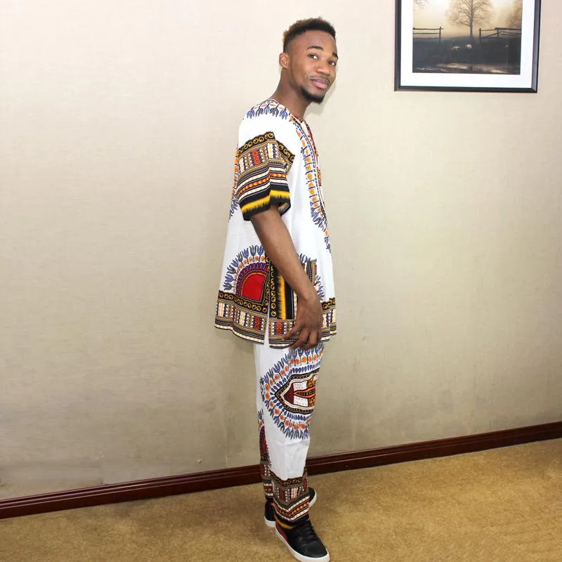 Roupas étnicas terno branco estampado dashiki africano boêmio moda top e calça manga curta bolso conjunto para homens 258S