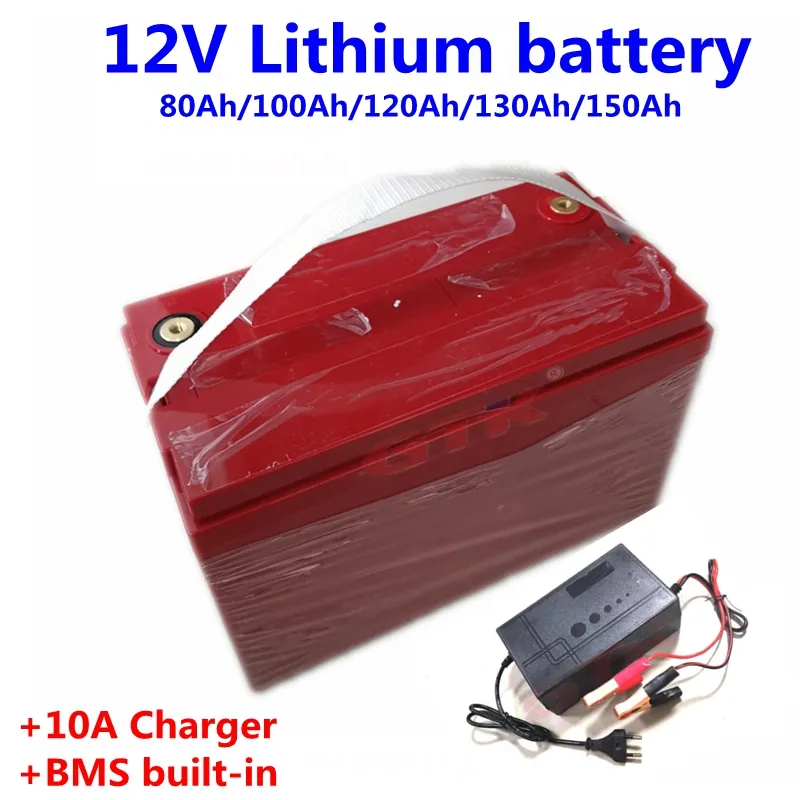 12V 100AH ​​120AH 130AH 150AH Bateria litowa 12 V 80AH Li jonowa bateria dla słonecznego/samochodu/morskiego/rv/camper +10A ładowarka