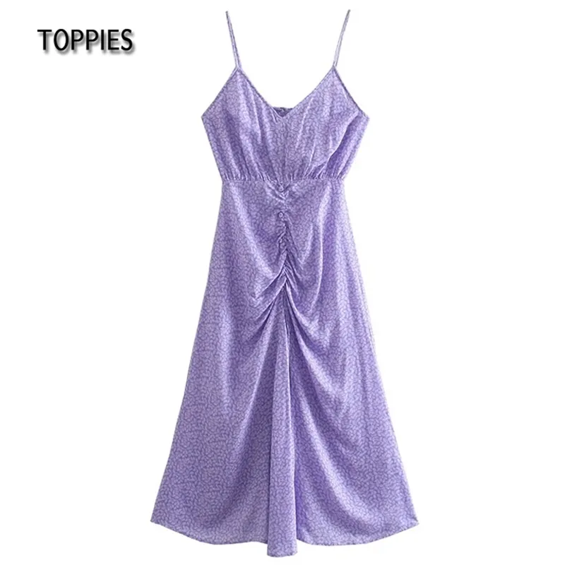 Summer Camisole Dress Front Pleated Sexy Sundress Violet Floral Printing Elegant Ladies 210421