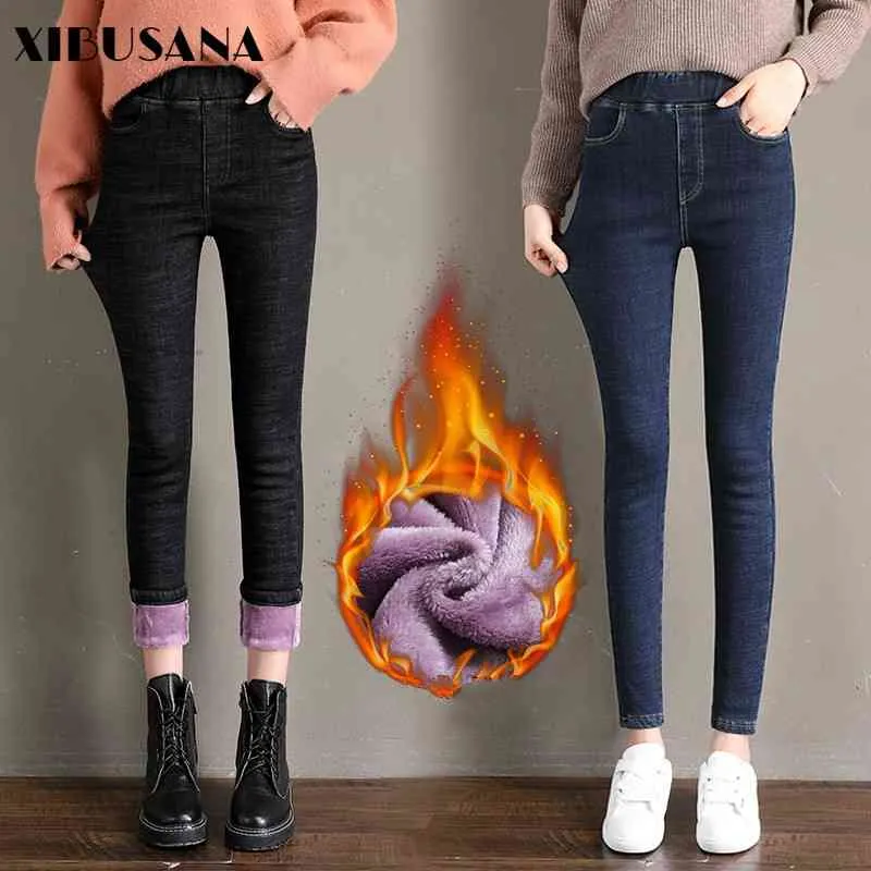 Vinter Kvinna Tjock Plus Lila Velvet Kvinnor Skinny Jeans High Waist Solid Stretch Warm Denim Pencil Pants 210423