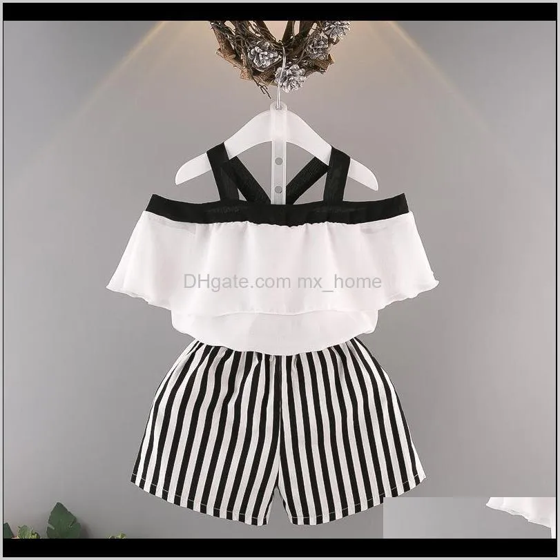 summer girl temperament lotus leaf side of the collar collar neck chiffon shirt striped shorts 2 pieces kids clothing set 