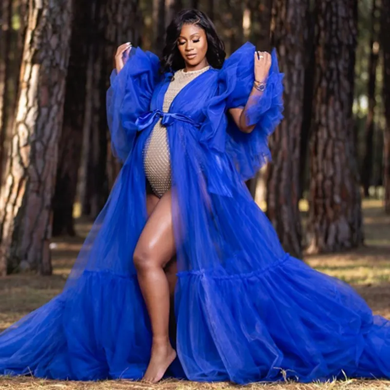 Royal Blue Tulle Prom Dresses V Neck Puff Sleeve Maternity Robe For Photo Shoot Sheer Sexy Bridal Pregnancy Dress Custom Made