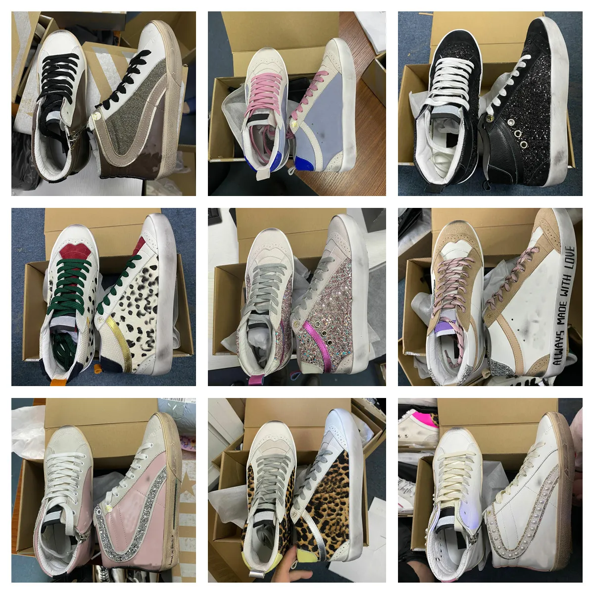 Leather High Top Sneakers Casual Lace Up Metallic Distressed Designer Shoes for Men Women 2024 Italy Suede Snakeskin Custom
