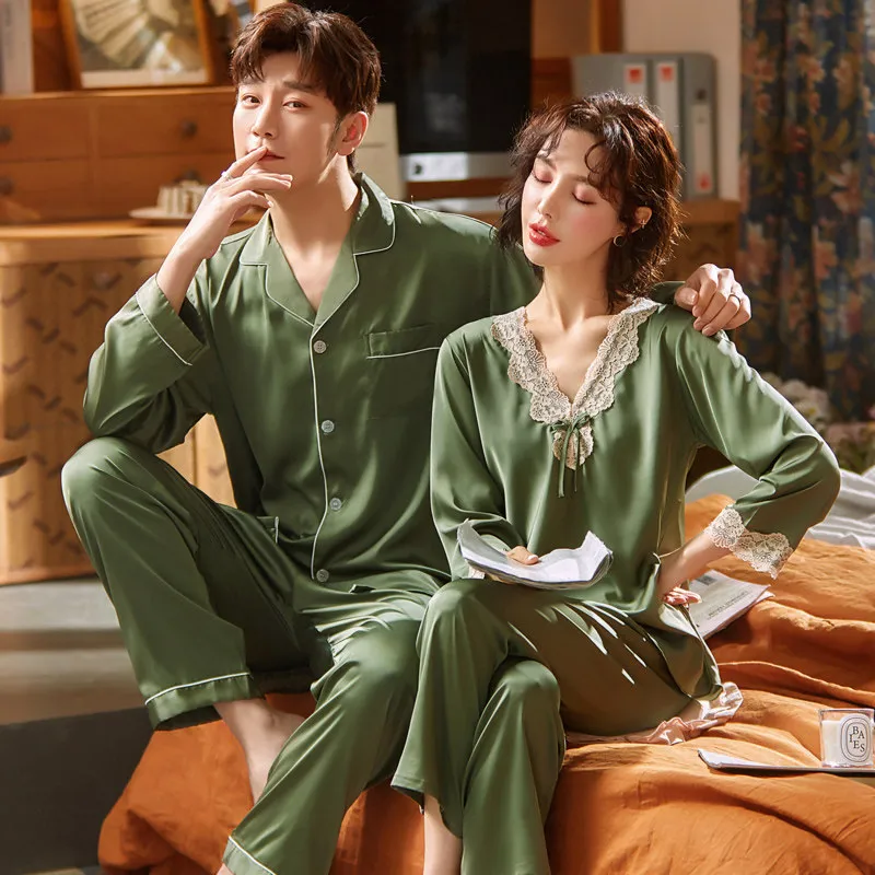 Satin Lace Trim 2PCS Sleepwear Sets Couple Long Sleeve Long Pants Nightwear Suit Women Summer Silk Pajamas Mens Loose Loungewear X0526