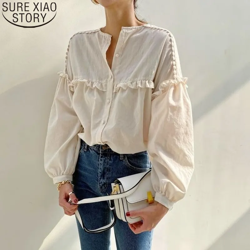 Chemise à manches longues blanche lâche bouffante femmes blouses mode coréenne o-cou simple boutonnage dames hauts chemises à volants 11269 210417