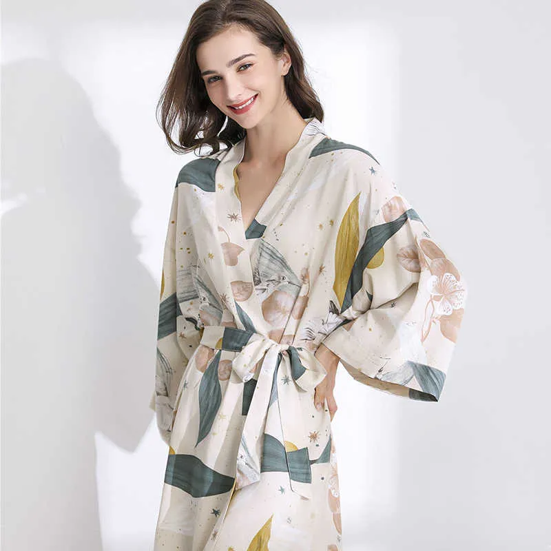 JULY'S SONG Sleepwear Robe Spring Viscose Women Nightgown Flower Printed Long-Sleeve Pajamas Bathrobe for Female 210924