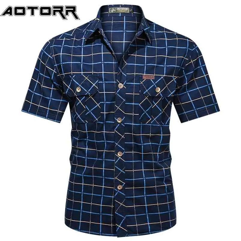Chemise à carreaux de mode Mode Homme à manches courtes Militaire S 100% Pure Coton Haute Qualité Entreprise Casual Hommes 210721