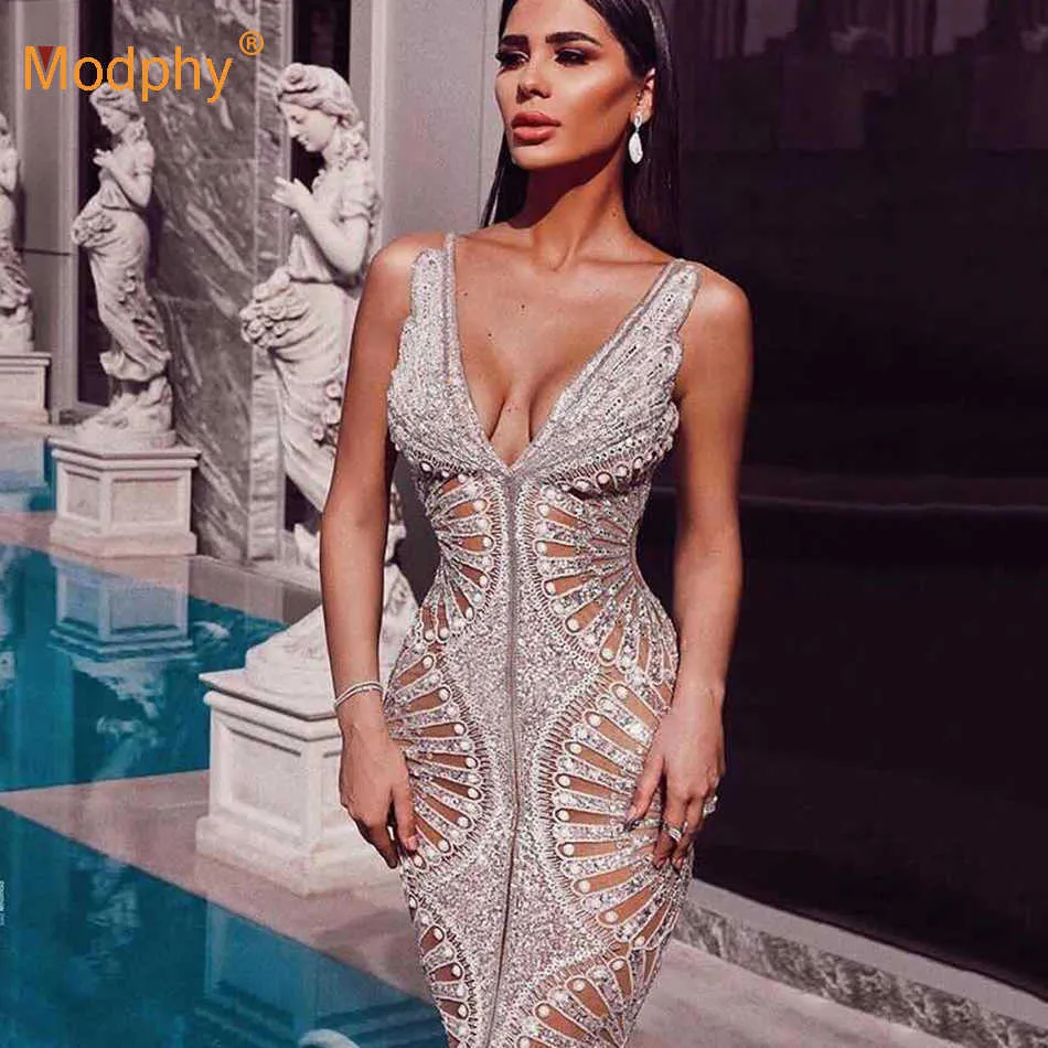 Sexy Sleeveless V-Neck Backless Mesh Sequins See-Through Hollow Split Long Dress Autumn Bodycon Party Vestidos 210527