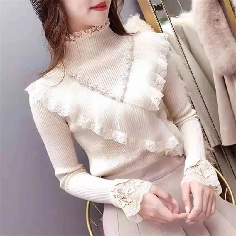 Vêtements de printemps et d'automne pour femmes Version coréenne de la dentelle perlée Couture Feuille de Lotus Pull à manches longues à col roulé 210427